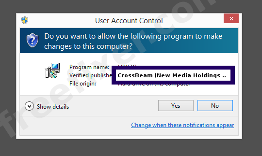 Screenshot where CrossBeam (New Media Holdings Ltd.) appears as the verified publisher in the UAC dialog